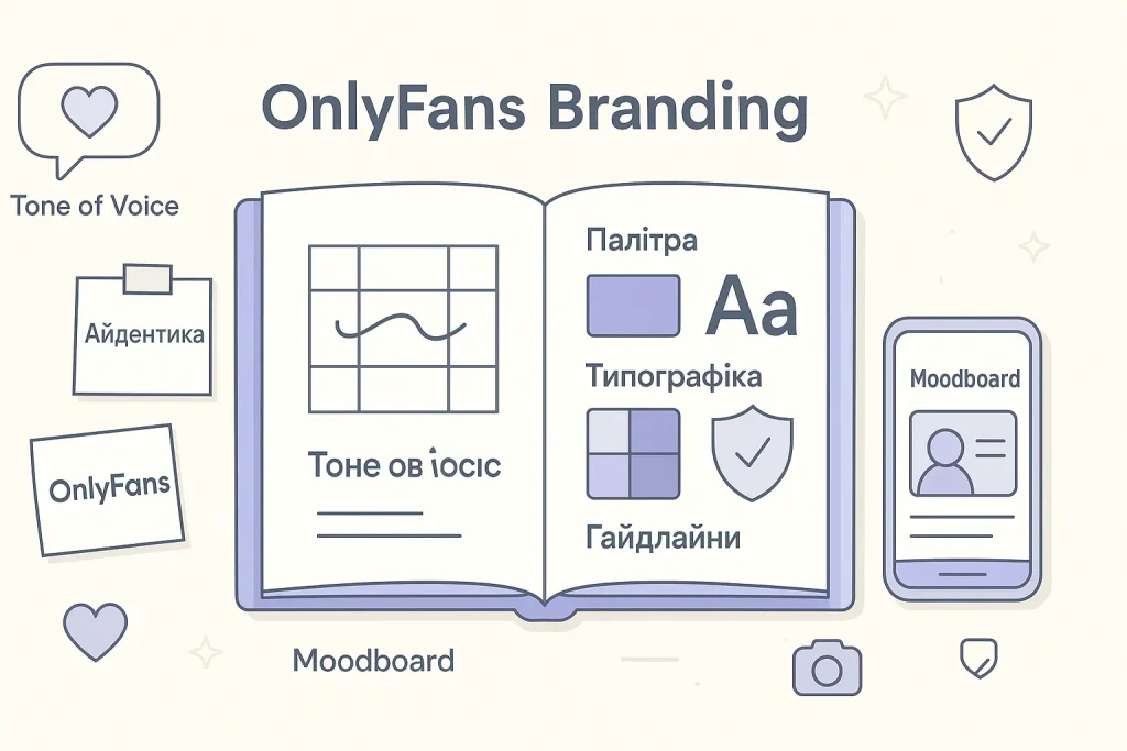 Інфографіка брендбуку для моделі OnlyFans: tone of voice, айдентика, палітра, типографіка, гайдлайни, moodboard.